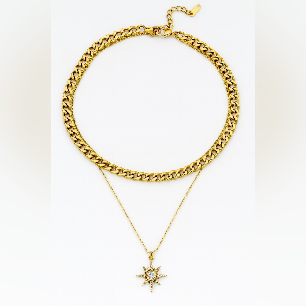 NEW 18K GOLD PLATED LUX SET “SOLÉA” – CUBAN + STARBURST PENDANT